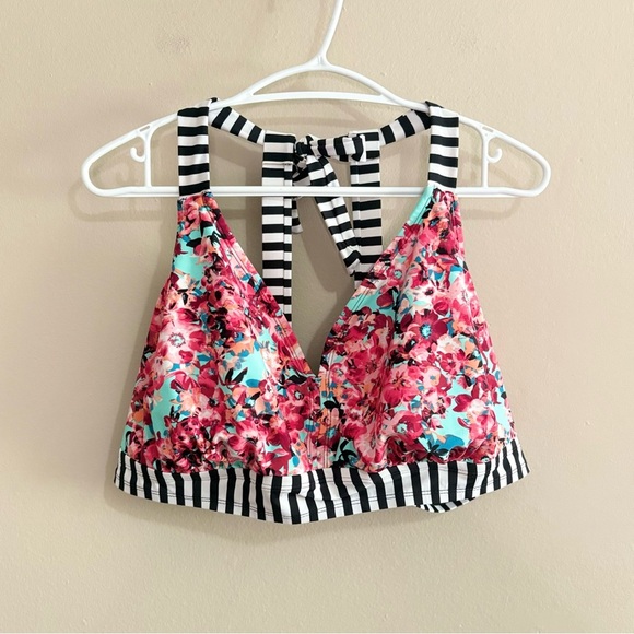 George Pink & Aqua Floral w Striped Band Plus Size Bikini Top - Picture 1 of 9